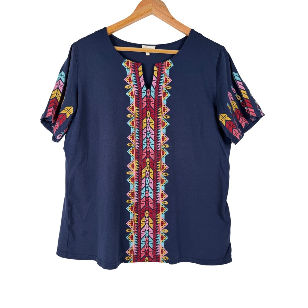 Layers Clothing Top‎ Womens Medium Navy Blue Boho Embroidered Split Neck CR306